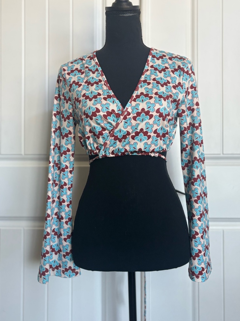 Cider Floral Wrap-Front Long Sleeve Crop Top - Cream/Teal/Burgundy